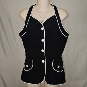 Vintage Erica USA Black White Trim Button Up Sleeveless Vest Top